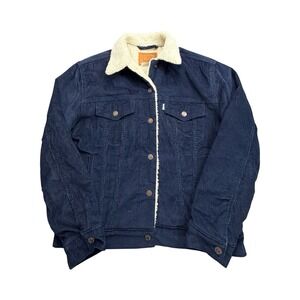Levis Premium Trucker Jacket Mens S Navy Blue Corduroy Sherpa Lined Western